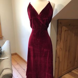 Cranberry velour holiday dress with cross front